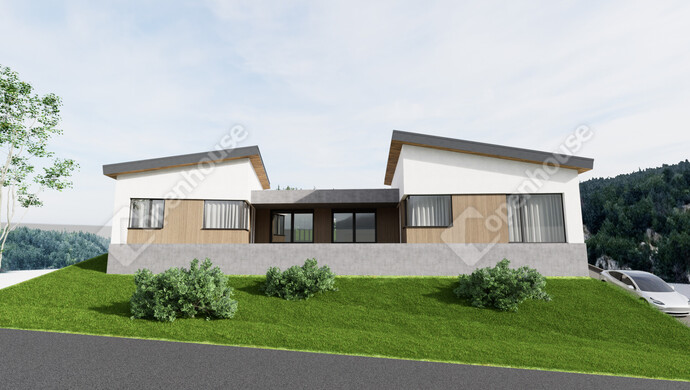 1. kép | A telekre tervezett ház látványképe | Eladó Telek, Szomor (#179251)